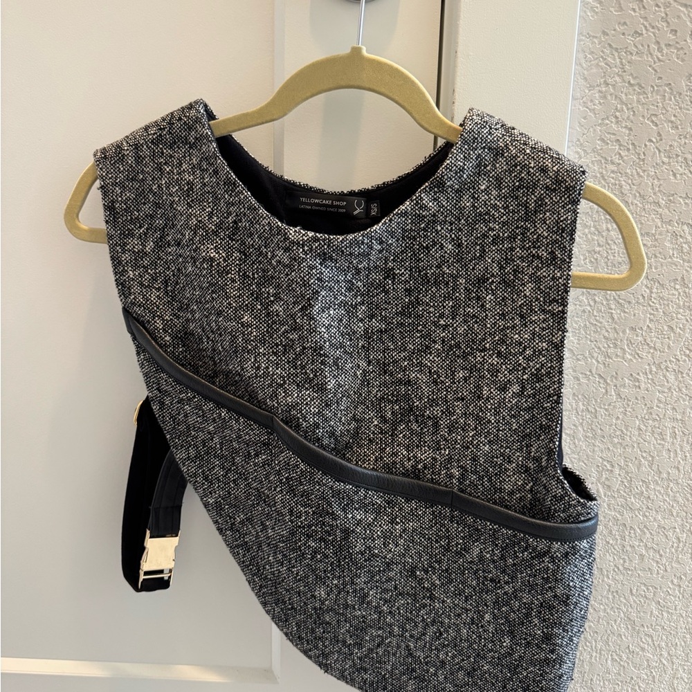 Gray Tweed Asymmetrical Vest with Black Trim